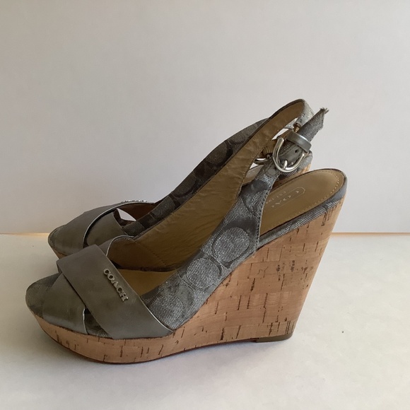 COACH Jessy Silver Grey Logo "C" Canvas & Leather 5" Cork Wedge Sandals Sz 7.5B - Picture 5 of 8